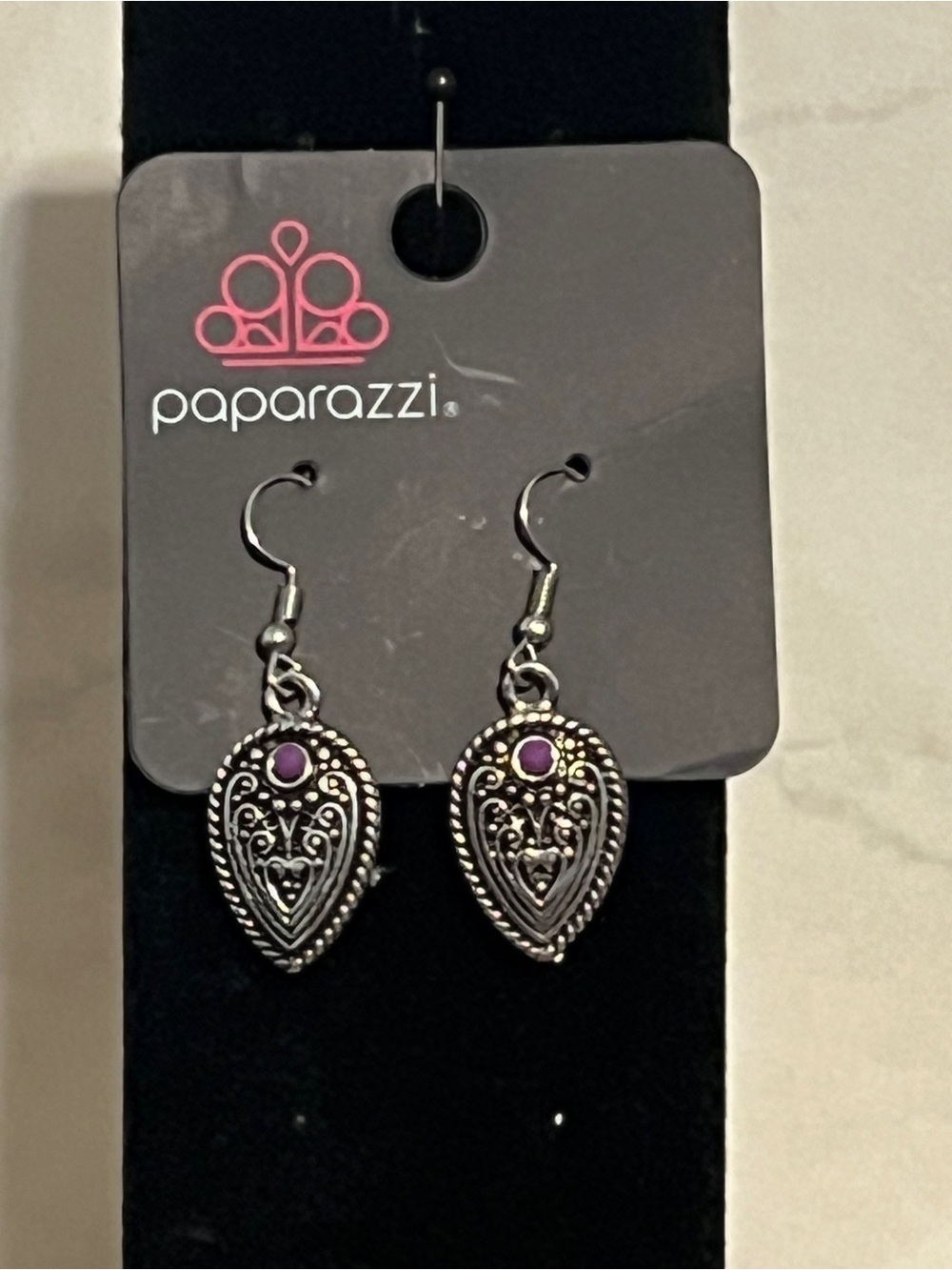 Paparazzi Silver Teardrop Earrings with Purple Accent Stone